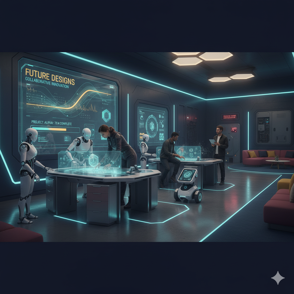Modern collaborative workspace where team members work alongside AI assistants on innovative projects